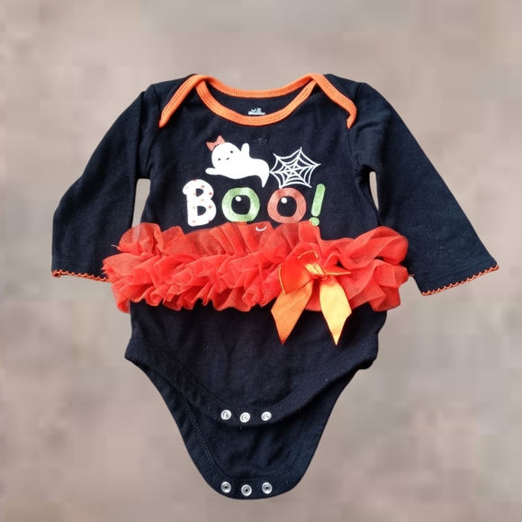 M8) Halloween Baby Girl Bodysuit 6-9M | "Boo!" Ghost Tutu Romper - Picture 2 of 6